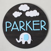 Load image into Gallery viewer, Elephant & Cloud Round Wood Kids Bedroom Name Sign