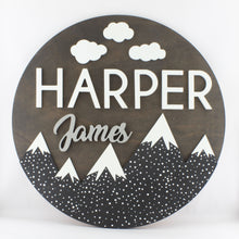 Load image into Gallery viewer, mountain adventure nursery round wood name sign
