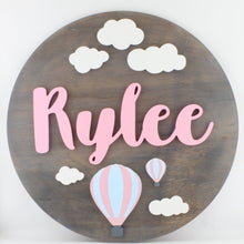Load image into Gallery viewer, Cloud & Hot Air Balloon Wooden Round Name Sign