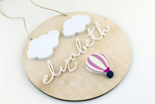 Load image into Gallery viewer, Balloon & Cloud Round Wood Name Sign
