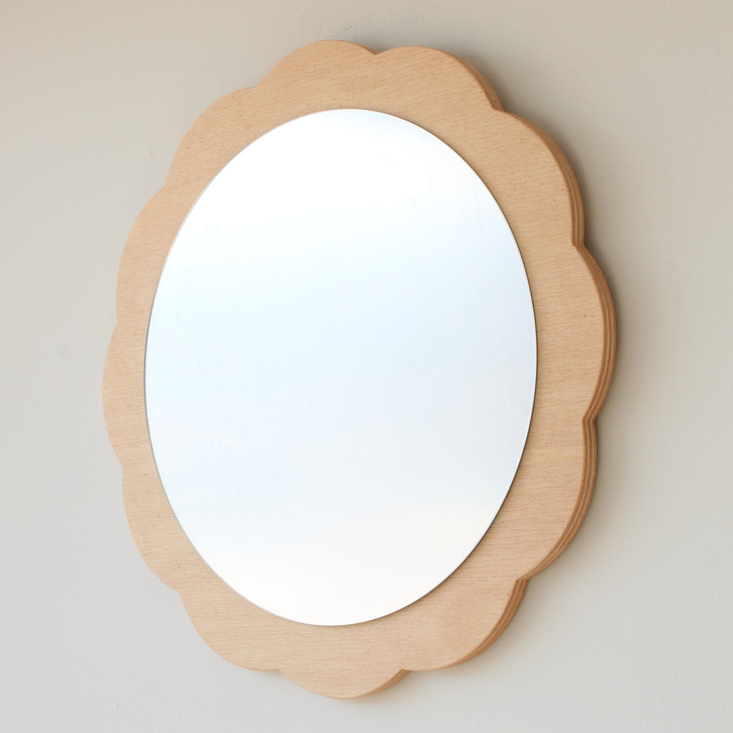 wooden scalloped edge round nursery mirror