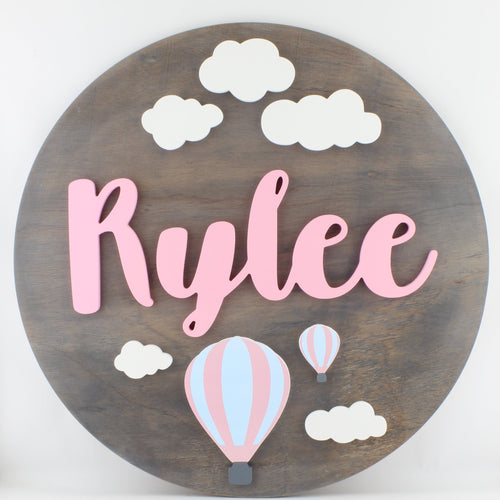 Cloud & Hot Air Balloon Wooden Round Name Sign