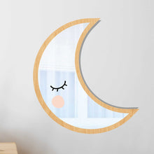 Load image into Gallery viewer, Moon shaped wooden child safe mirror mirror
