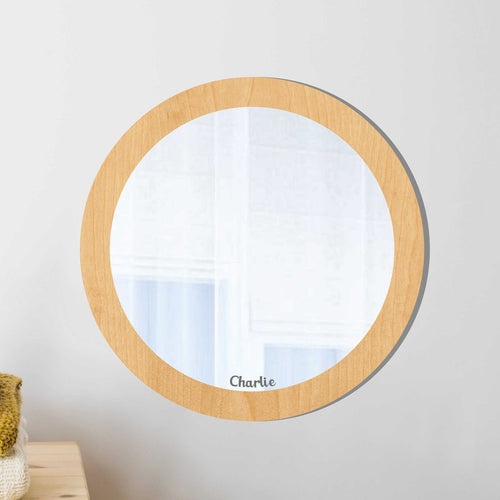 Round wooden personalised baby or kids bedroom mirror