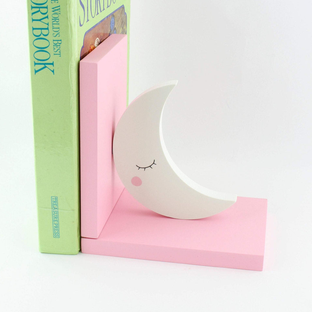 Sleepy crescent moon nursery bookends